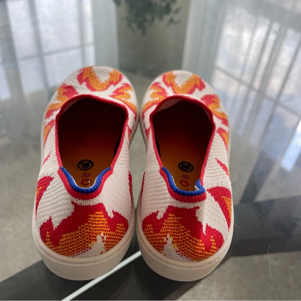 Rothy's The Kid Red, Yellow White Flames Knit‎ Washable Slip On Sneakers Size 2